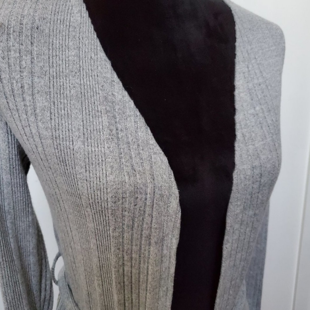 Gray Ribbed Open Front Long Cardigan - Picture 2 of 3